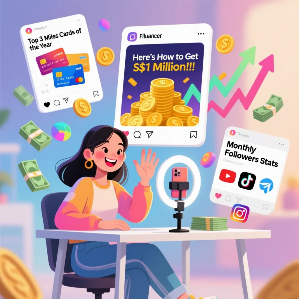 Finfluencers vs financial advisors: Cartoon woman influencer creates financial content with phone and social media posts about money, credit cards, and followers, highlighting online financial influence.