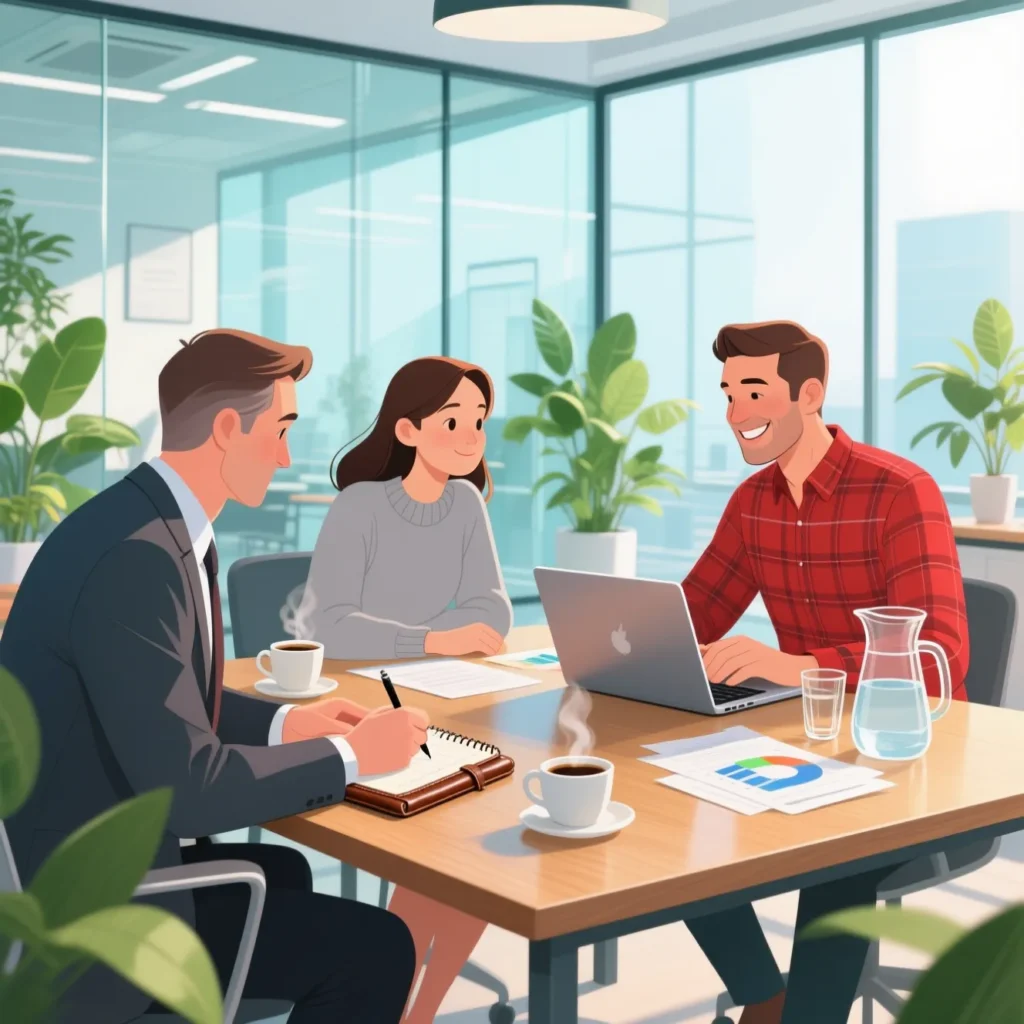 Finfluencers vs financial advisors: Cartoon advisor meets clients in bright modern office with charts and laptops, symbolizing professional guidance, planning, and trust in structured financial decisions.