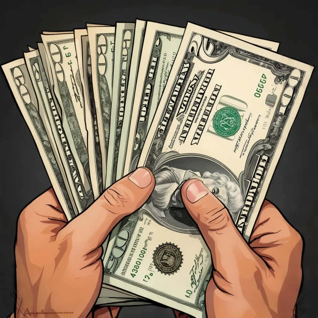Finfluencers vs financial advisors: Illustration of hands holding stack of dollar bills, symbolizing money management, financial choices, and contrasting approaches to investment advice.