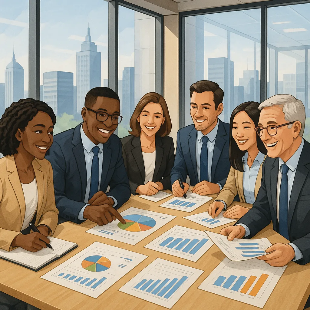 Finfluencers vs financial advisors: Cartoon diverse professional team collaborates on financial charts in office, symbolizing trusted expertise, structured planning, and teamwork compared to influencer-driven financial content.