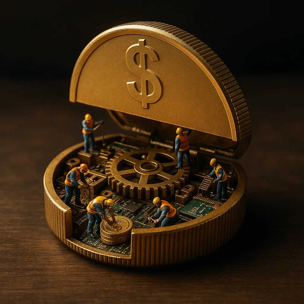 A split-open coin reveals miniature workers maintaining gears and circuits inside, symbolizing how fractional shares work through hidden mechanisms powering modern investing systems.