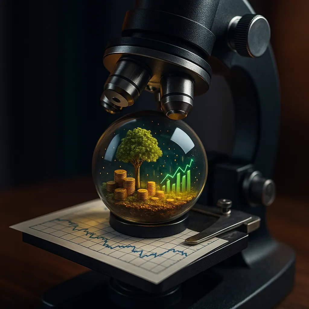 A microscope reveals money trees and glowing data on a stock chart, visually illustrating how fractional shares work by exposing hidden value within small investments.