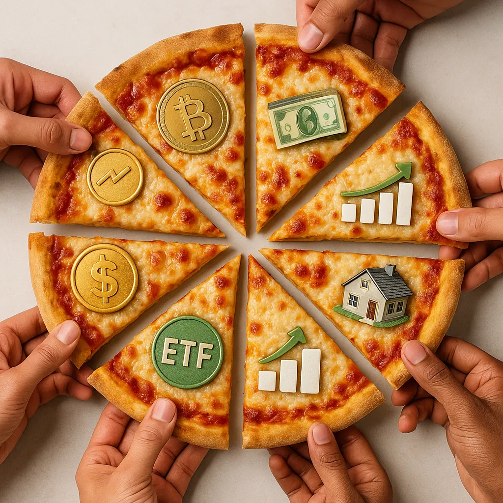 Pizza slices topped with ETFs, crypto, real estate, and money symbols, creatively illustrating how fractional shares work by dividing ownership into smaller, accessible investment pieces.
