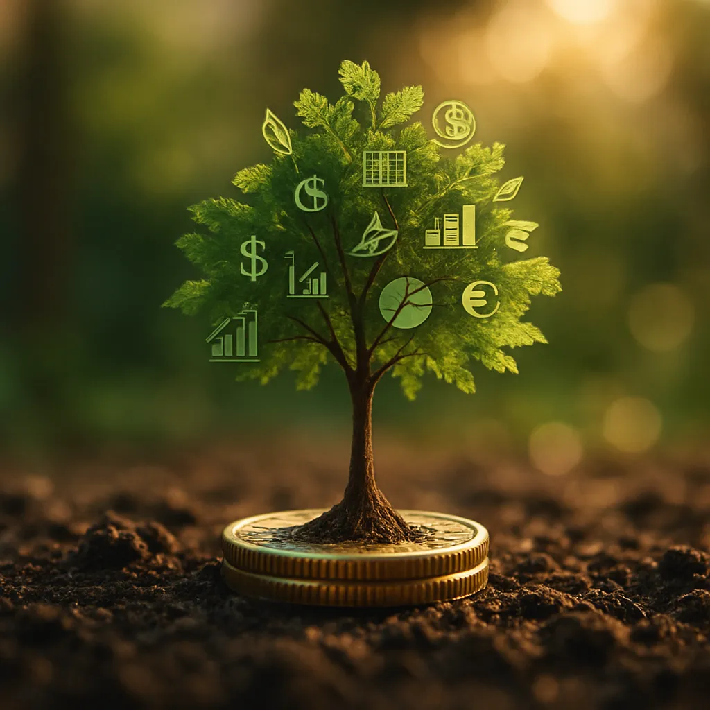 A small coin sprouts a tree with finance-themed leaves, symbolizing how fractional shares work by growing long-term wealth from tiny, accessible investment seeds.