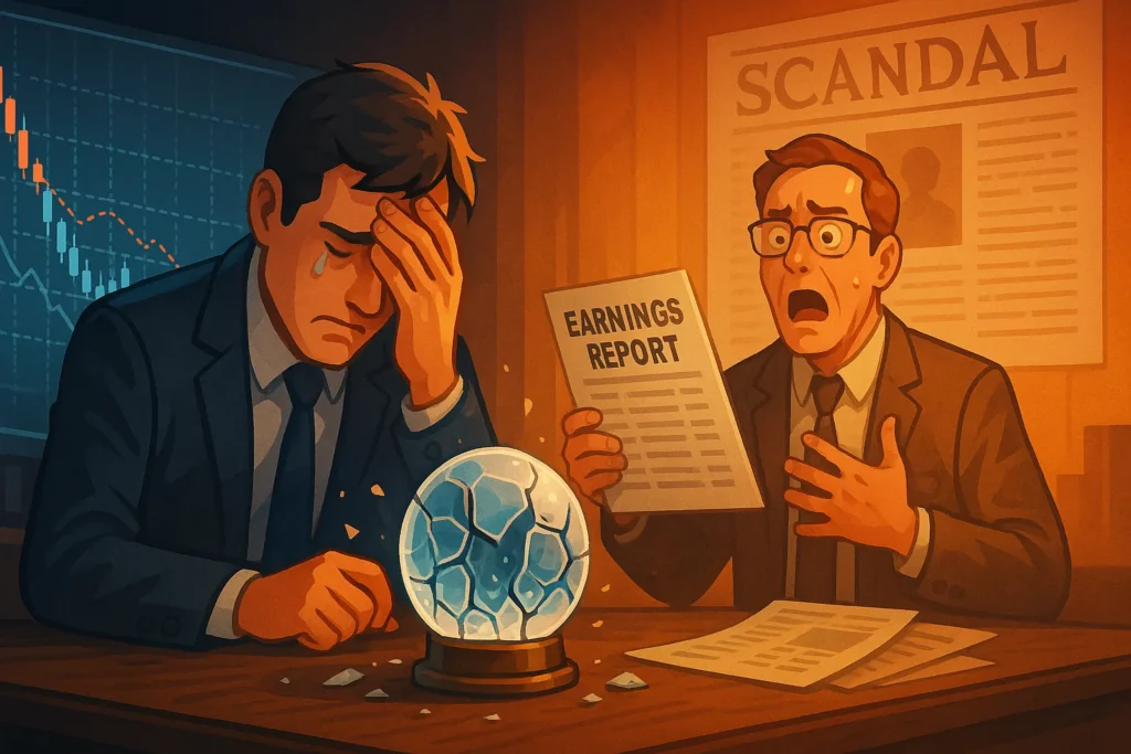 A dramatic illustration showing fundamental analysis vs technical analysis failing, with a shocked analyst and crying trader, symbolizing market unpredictability and flawed predictions.