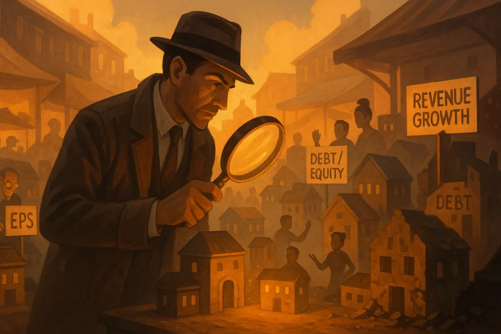 A metaphorical market scene exploring fundamental analysis vs technical analysis, showing an investigator analyzing business metrics with glowing signs in a bustling marketplace. 