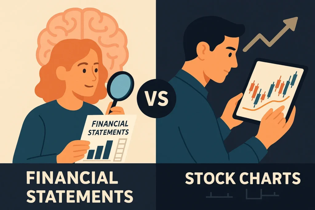 A modern infographic showing fundamental vs technical analysis—person reviews financial statements on one side, another reads stock charts, split by a central "VS" symbol.