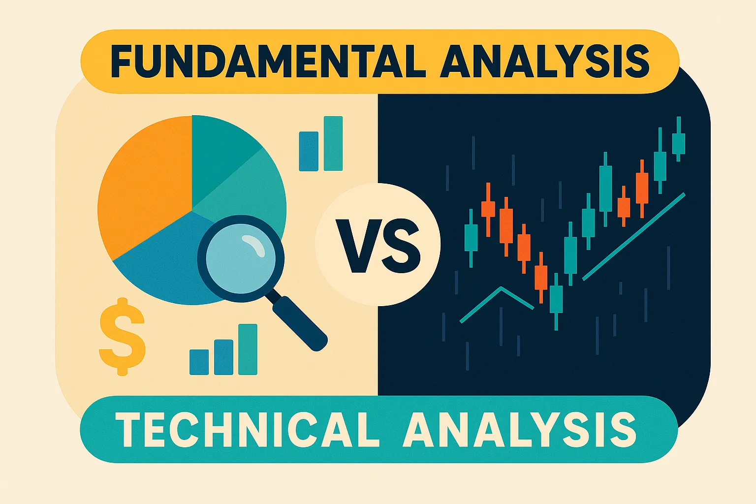 Clean flat infographic comparing fundamental vs technical analysis. Left shows pie charts and finance icons; right features candlestick charts, split by bold central "VS" circle.