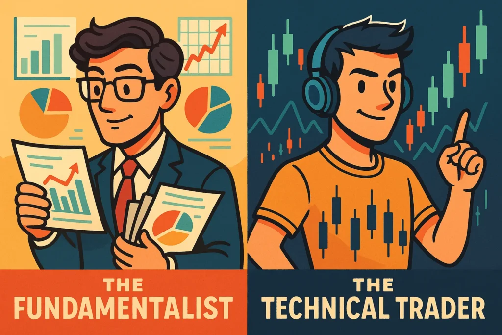 Stylized characters illustrate fundamental analysis vs technical analysis with charts and candlesticks, portraying the unique mindset and tools of each trading strategy visually.