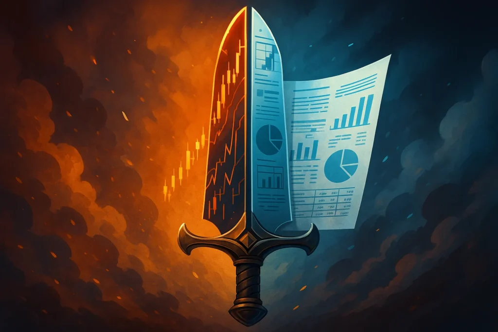 A dramatic sword split in two symbolizes fundamental analysis vs technical analysis, with one blade side formed from charts and the other from financial reports.