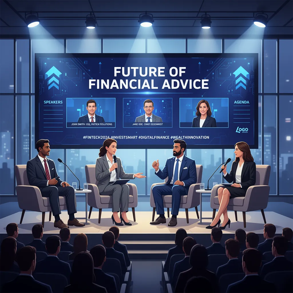 Future of financial advice: Expert panel discusses fintech innovation on stage before audience, highlighting trends in digital finance, investment strategies, and wealth management guidance.