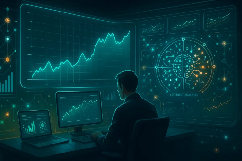 Futuristic trading dashboard using AI and sentiment data, symbolizing the evolution of fundamental analysis vs technical analysis through advanced tools and visual intelligence.