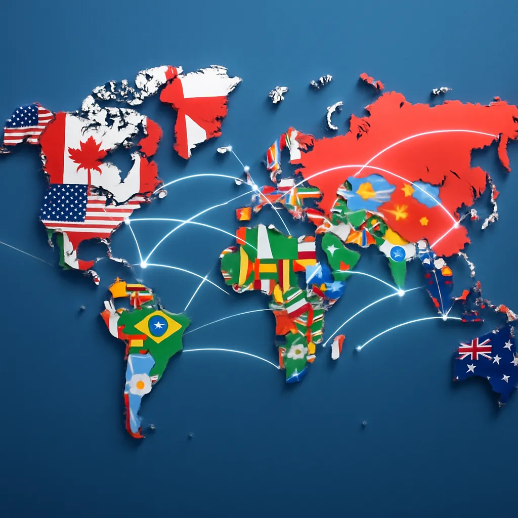 Global Investing Opportunities Abroad: World map with country flags and connecting lines, symbolizing international markets, cross-border investment strategies, and growth potential through global financial diversification.