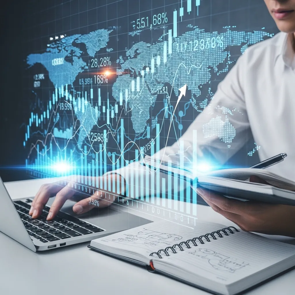 Global Investing Opportunities Abroad: Professional analyzes data on laptop with notebook, holographic world map, and stock charts, symbolizing cross-border financial strategies and international investment potential.