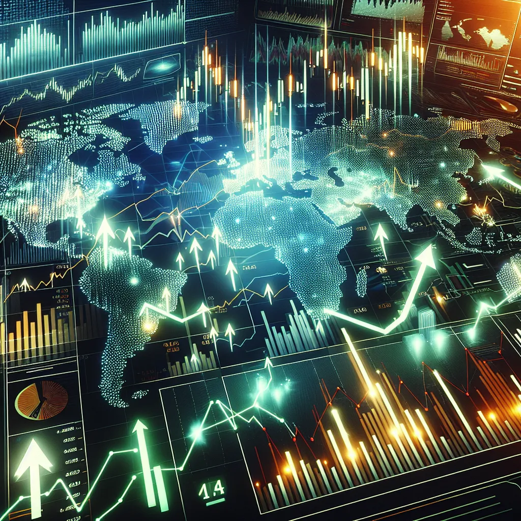 Global Investing Opportunities Abroad: Futuristic digital world map with financial charts, arrows, and glowing data, symbolizing cross-border investments, economic growth, and international market opportunities.