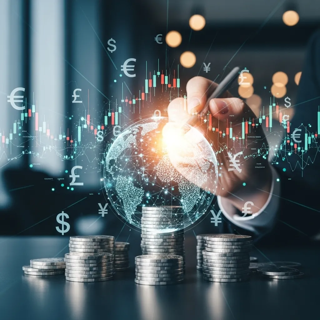 Global Investing Opportunities Abroad: Stacks of coins with digital globe, currency symbols, and stock charts, symbolizing international finance, global markets, and cross-border investment strategies.