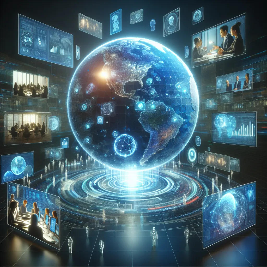 Global Investing Opportunities Abroad: Futuristic digital globe surrounded by financial data, charts, and virtual meetings, symbolizing technology-driven strategies, cross-border investments, and emerging international market opportunities.