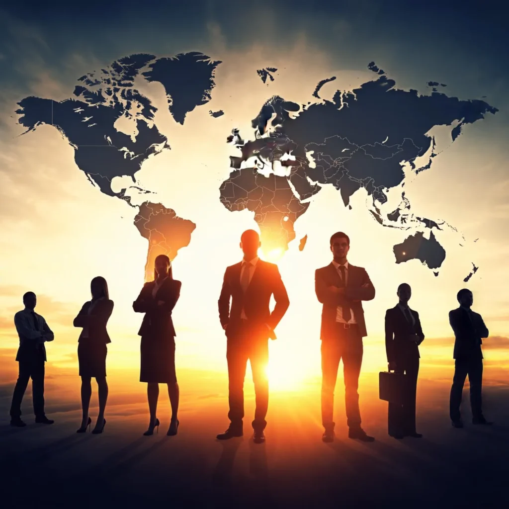 Global Investing Opportunities Abroad: Business leaders silhouetted against sunrise with world map backdrop, symbolizing international finance, leadership, global markets, and cross-border investment potential.