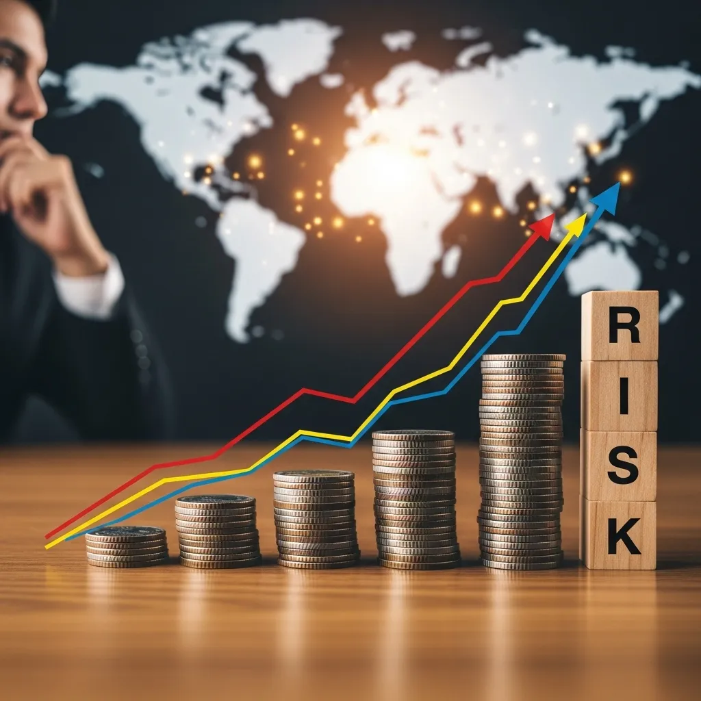 Global Investing Opportunities Abroad: Stacked coins with rising risk chart and world map in background, symbolizing international investments, growth potential, and financial risks of global markets.