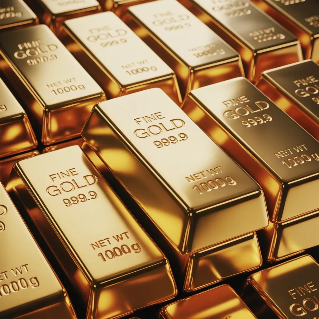 Shiny gold bars stacked together symbolize wealth preservation and market stability, illustrating how commodities impact global economy through trade, investment security, and financial growth worldwide.