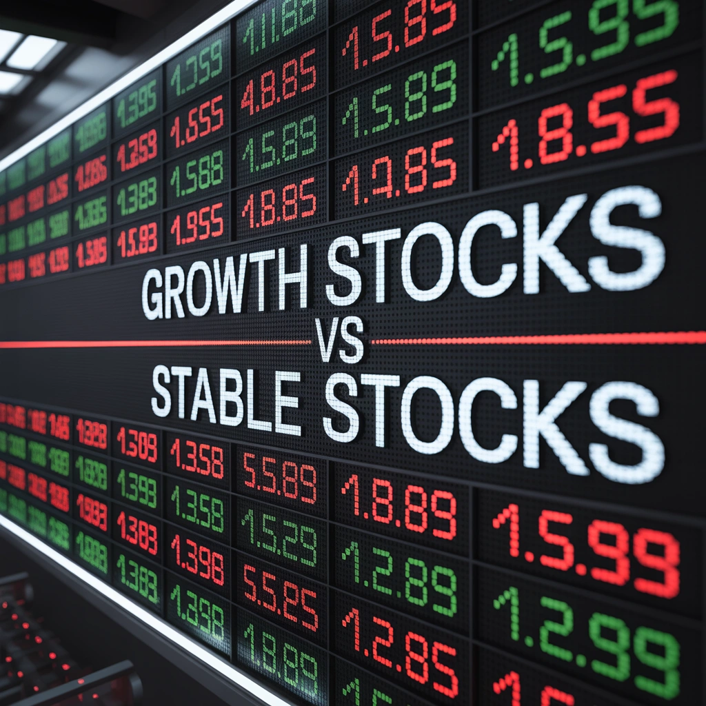 A digital stock market display highlights the comparison Growth Stocks vs Stable Stocks, with fluctuating red and green prices symbolizing the contrast between risk and stability.