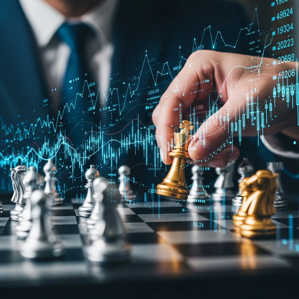 A businessman moves golden chess pieces on a chessboard with financial stock charts overlay, symbolizing Growth Stocks vs Stable Stocks strategic decisions in market investing strategies.