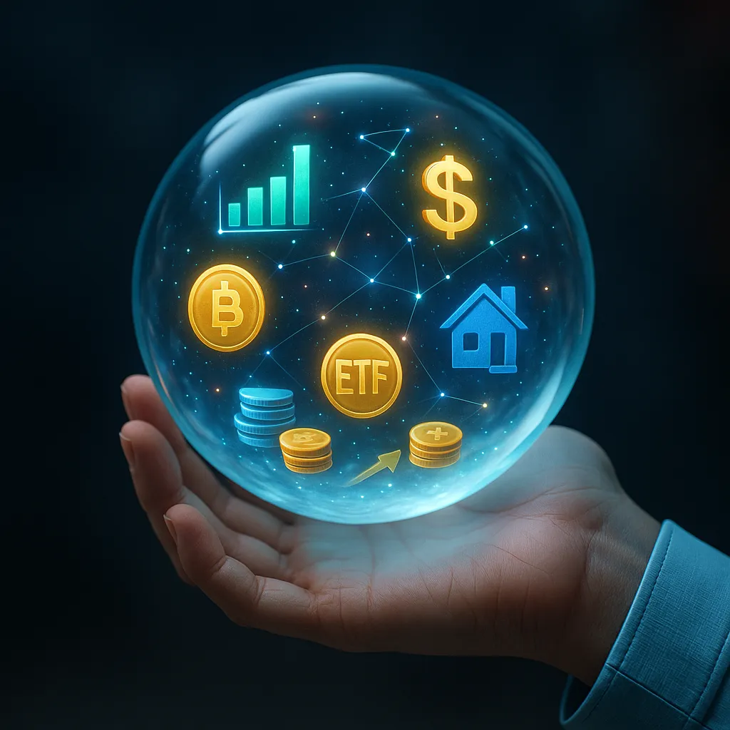 A glowing crystal ball held by a futuristic hand reveals icons of stocks, crypto, real estate, showing how fractional shares work in future investing.