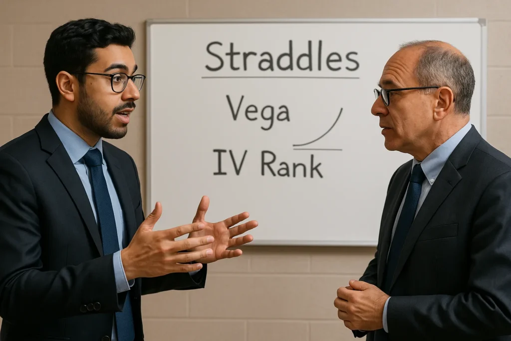 Two traders analyze a whiteboard labeled “Straddles,” “Vega,” and “IV Rank,” illustrating how options volatility works in real-time strategy discussions and planning.