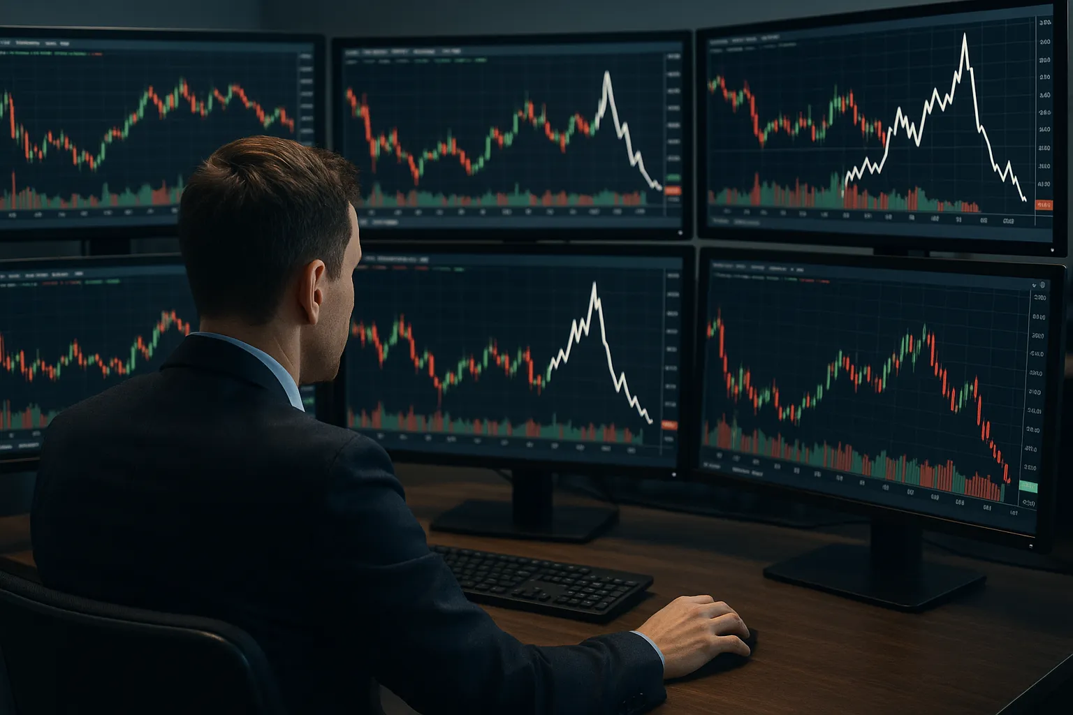 A trader at a desk analyzing six monitors showing sharp market changes, illustrating how options volatility works through dramatic price swings and data focus.