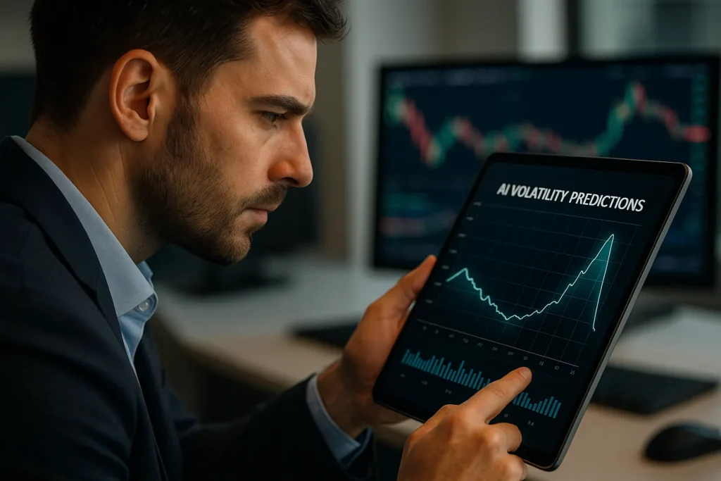 Focused options trader uses a sleek tablet displaying AI volatility predictions, showcasing how options volatility works with real-time data and sharp predictive trend lines.