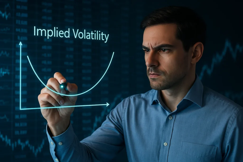 A financial analyst intensely draws an implied volatility smile curve on a digital screen, visually explaining how options volatility works in financial modeling.