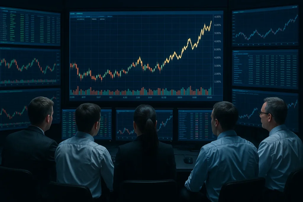 A group of traders monitor real-time market data in a high-tech room, visualizing how options volatility works through dramatic price fluctuations and analytics.