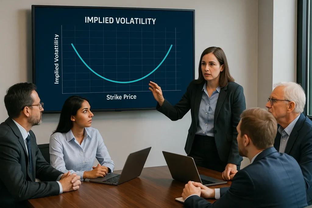 Analysts in a meeting room discuss how options volatility works, focused on a monitor displaying a volatility smile curve and implied volatility analysis.