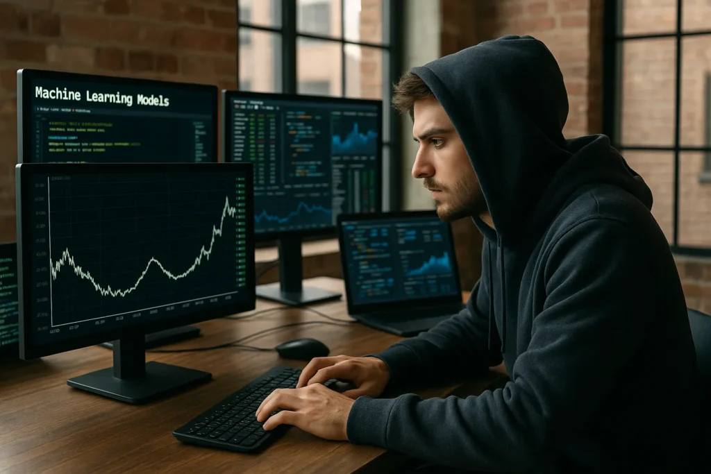 A day trader in a hoodie uses machine learning models in a modern loft, showing how options volatility works through advanced data-driven financial analysis.