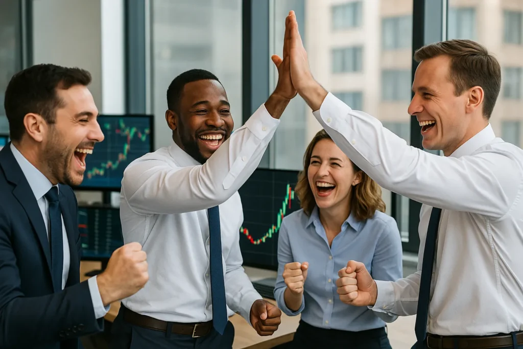 Group of traders celebrating a successful high-volatility session with laughter and high-fives, visually explaining how options volatility works during extreme market fluctuations.
