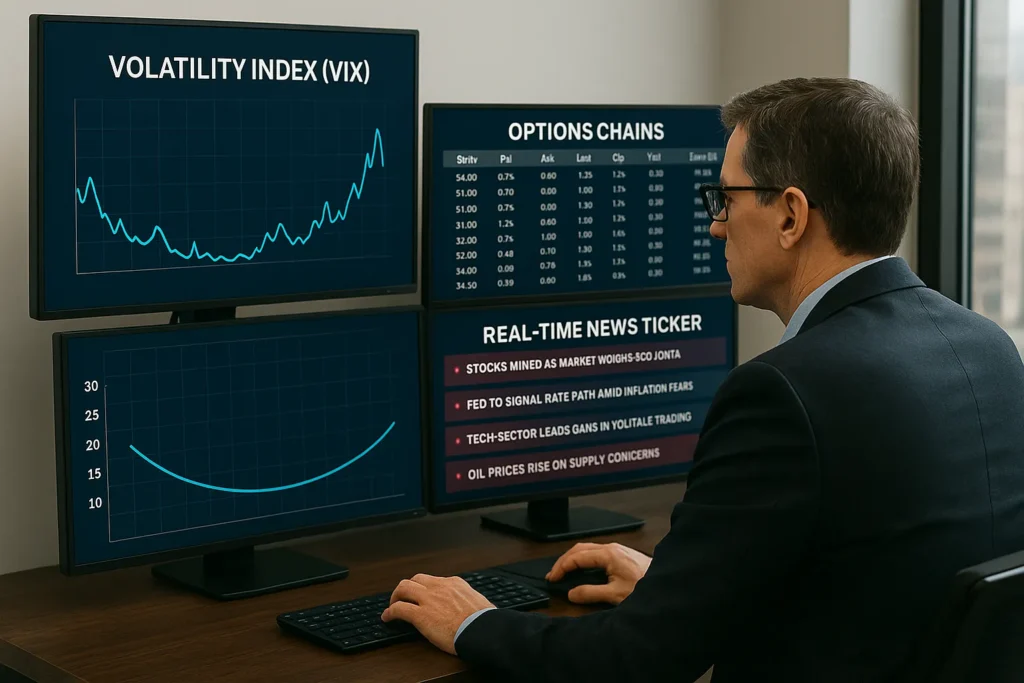 An investor tracks how options volatility works using monitors showing VIX, options chains, and a news ticker, analyzing real-time financial data in a modern office.