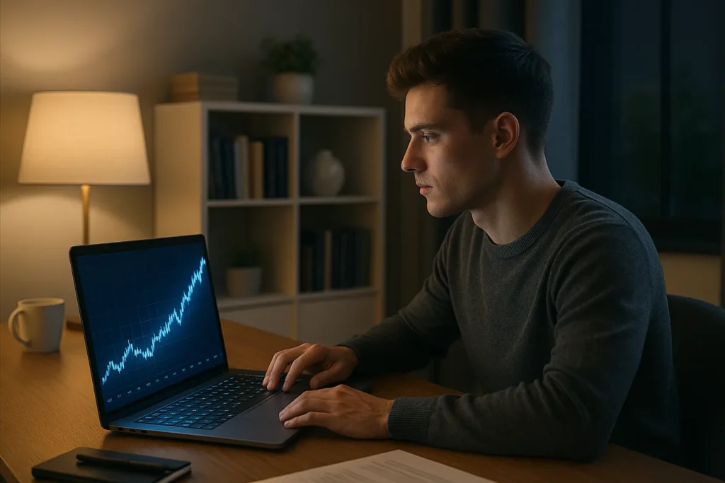 How to invest $1000 shown by a young professional at a desk in a modern home office, reviewing a glowing laptop stock chart with focus.
