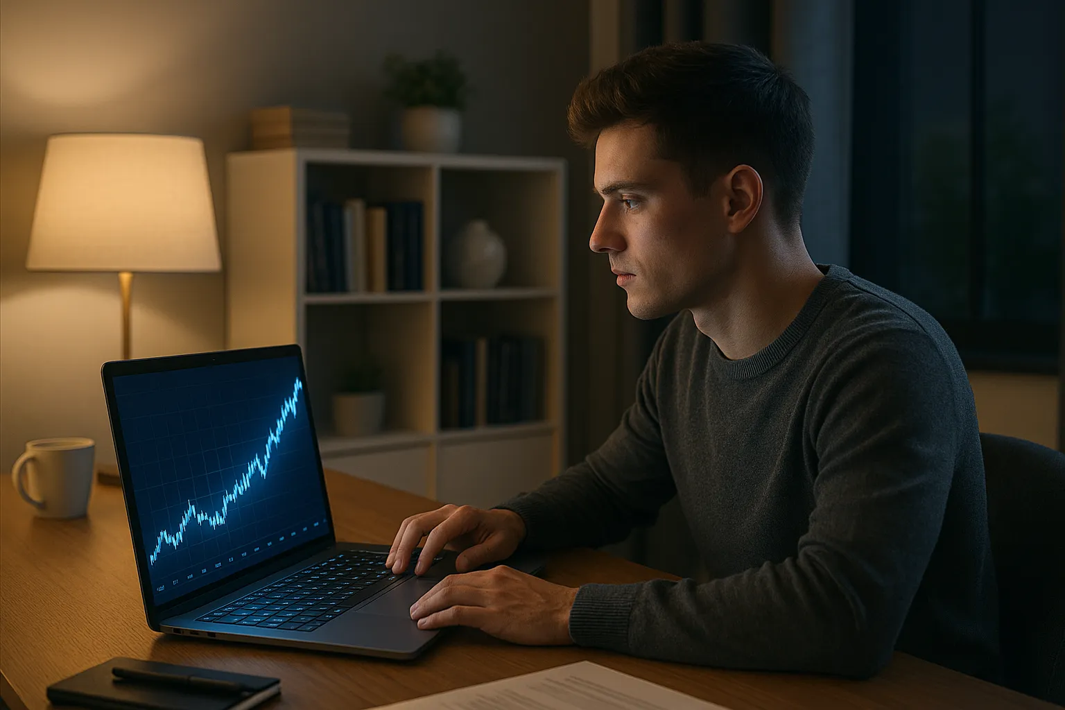 How to invest $1000 shown by a young professional at a desk in a modern home office, reviewing a glowing laptop stock chart with focus.