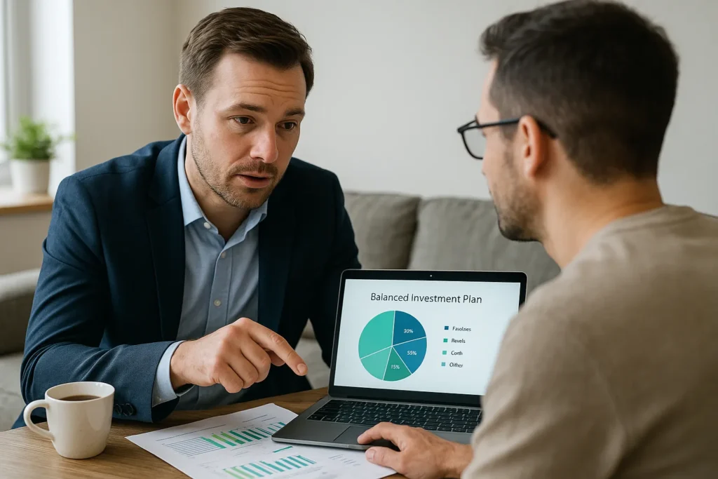 How to invest $1000 illustrated by a financial advisor showing a balanced investment plan on a tablet to a client during a meeting in a modern office.