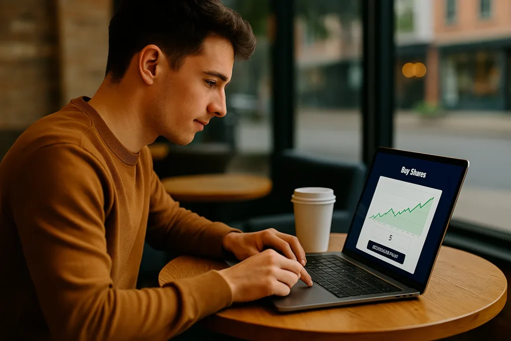 How to invest $1000 shown by a young professional at a café, focused on a laptop displaying a stock chart while buying their first investment shares.