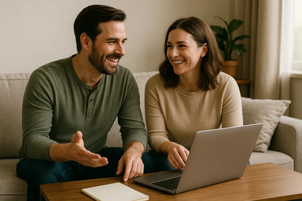 How to invest $1000 illustrated by a happy couple sitting on a couch with a laptop open, smiling as they discuss financial planning together at home.