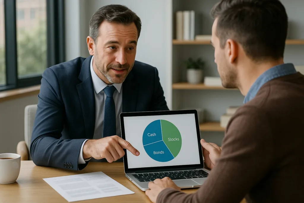 How to invest $1000 explained by a financial advisor showing a client a pie chart divided into cash, bonds, and stocks during an investment strategy meeting.