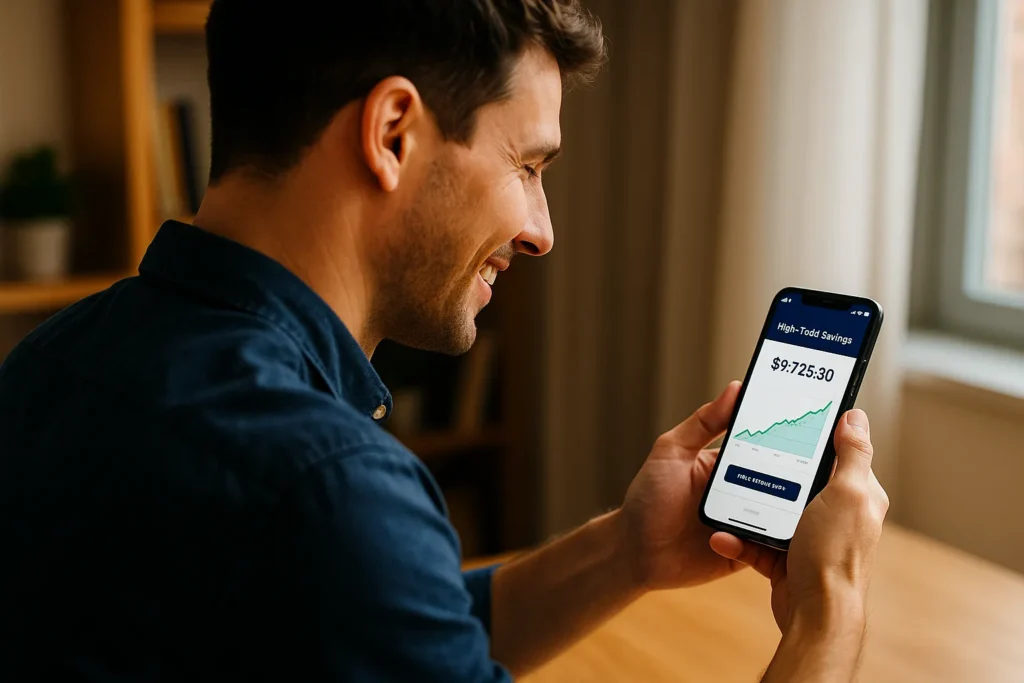 How to invest $1000 illustrated by a smiling investor reviewing a mobile savings app, showing account growth chart and balance, symbolizing smart investment and financial planning.