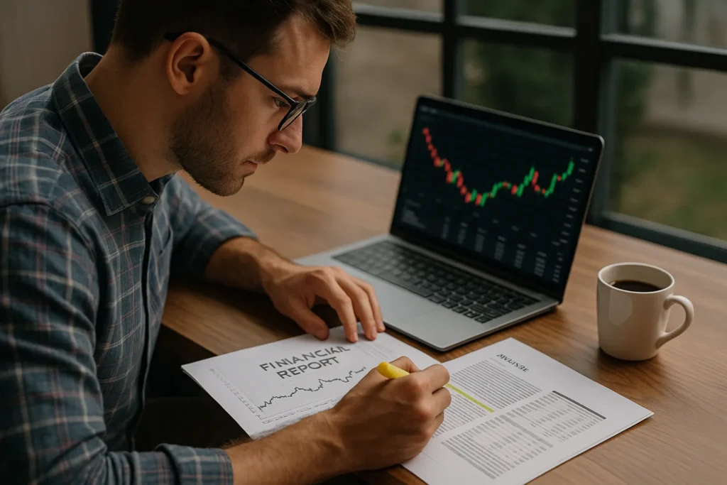 How to invest $1000 illustrated by an investor highlighting key points in printed financial reports, with a laptop showing charts and a cup of coffee nearby.