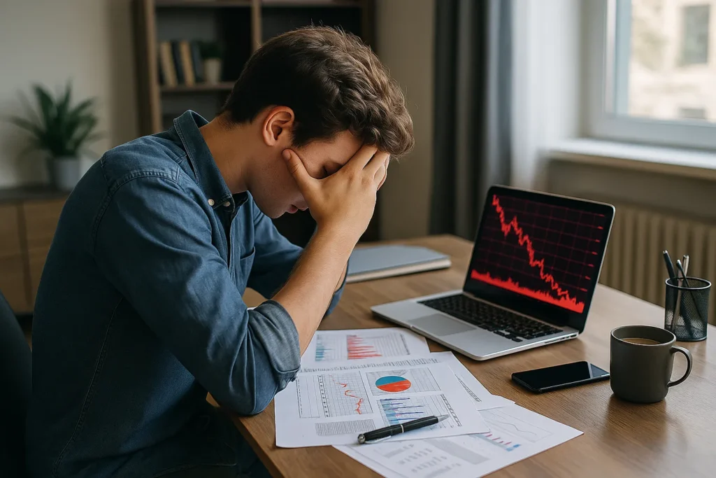 How to invest $1000 illustrated by a stressed young investor at a cluttered desk, head in hands, laptop screen showing steep red stock market losses.