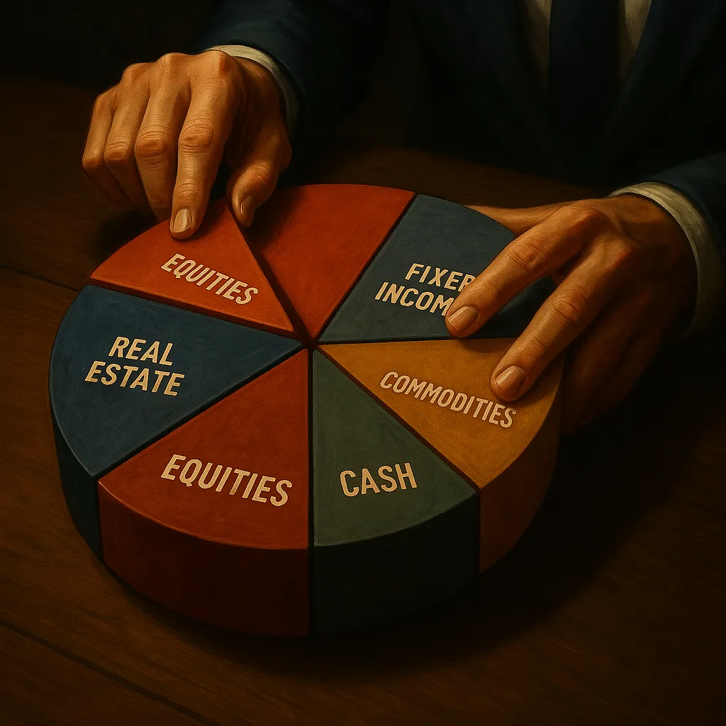 Investor adjusts a colorful pie chart labeled with asset classes like equities, bonds, and real estate, visually demonstrating the importance of portfolio rebalancing for financial stability.