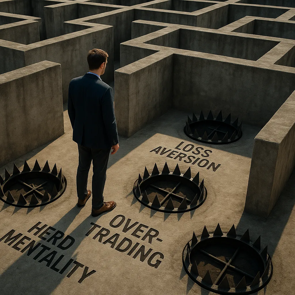 Investor behavioral biases explained with a man in a maze avoiding traps labeled Herd Mentality, Loss Aversion, and Overtrading in high detail.