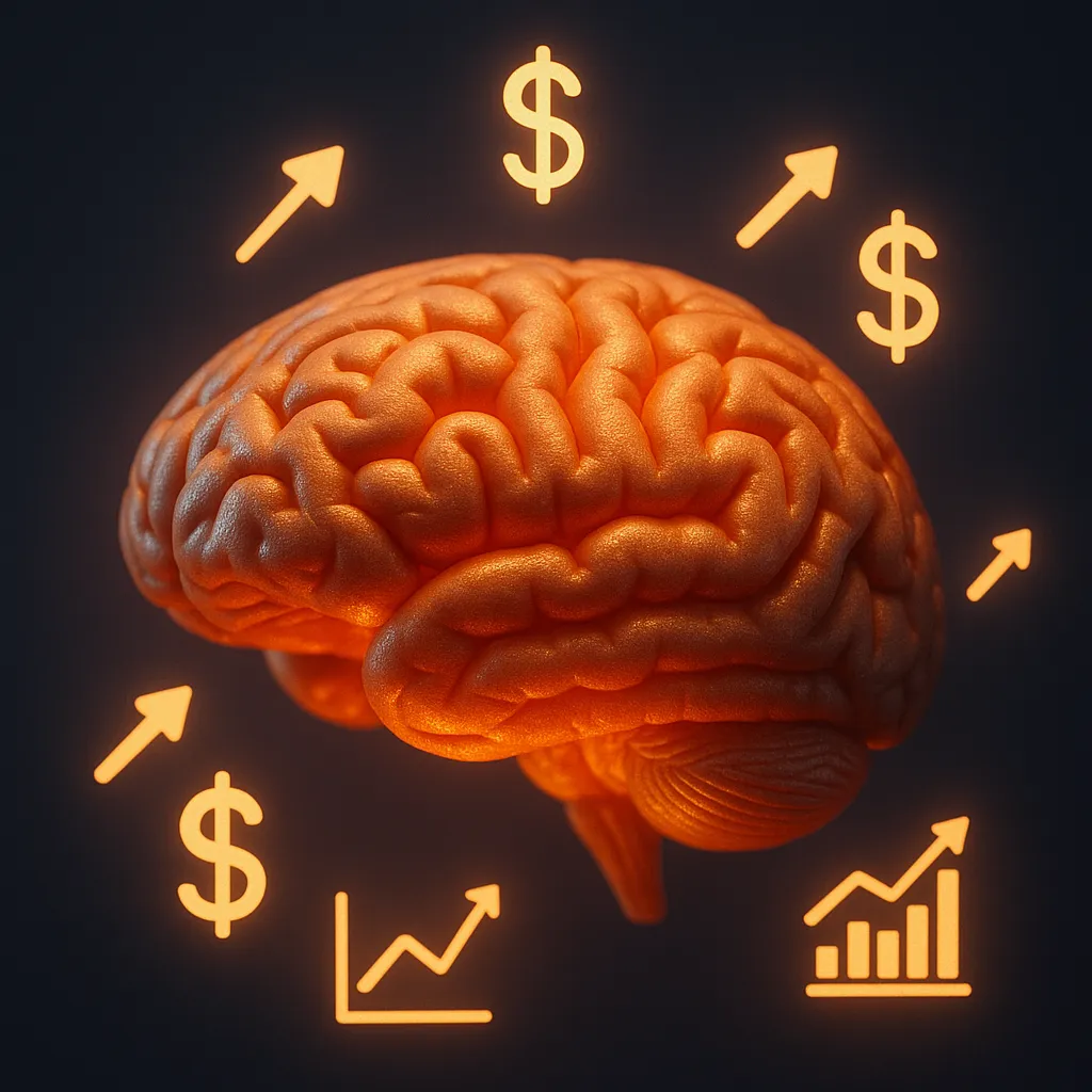 Investor behavioral biases explained using a glowing human brain model surrounded by financial symbols like dollar signs, stock charts, and arrows in vivid detail.