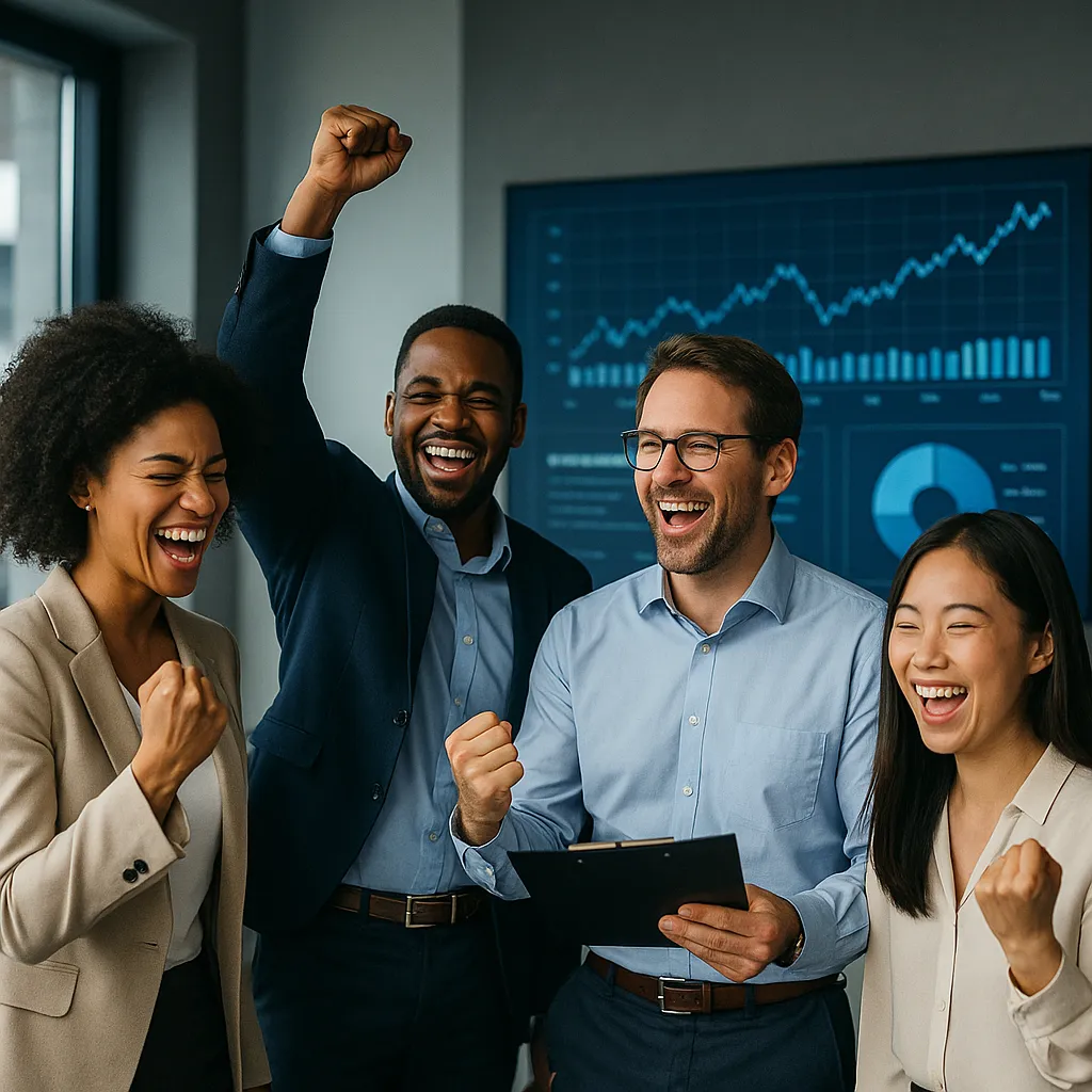Investor behavioral biases explained through a joyful team of diverse investors celebrating a successful portfolio review, with financial charts visible in a modern office background.