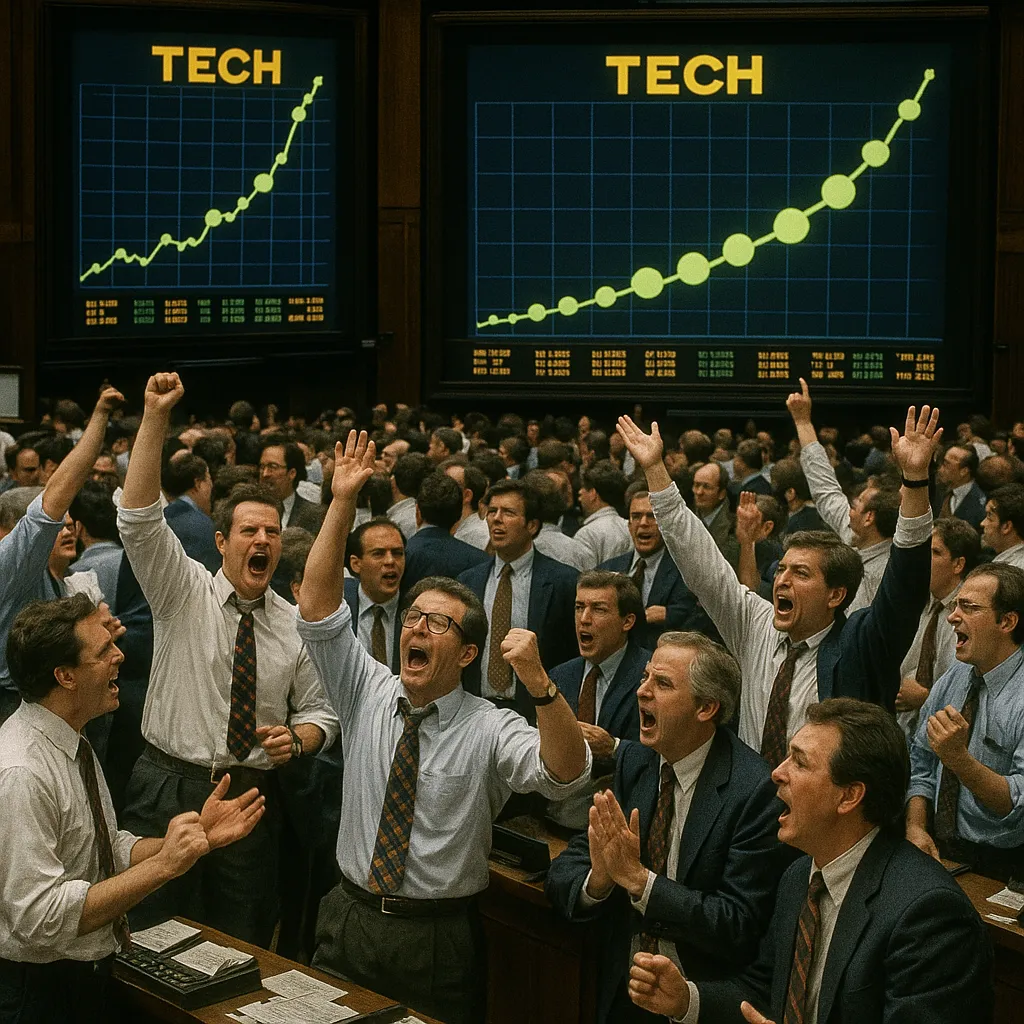 Investor behavioral biases explained through a 1990s trading floor photo with euphoric traders cheering rising tech stocks displayed on large bubble charts.
